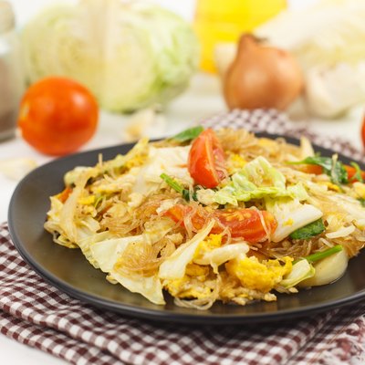 Dish of stir fried vegetables and mung bean noodles
