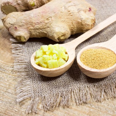Fresh ginger on board closeup.