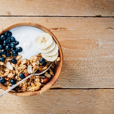 Homemade oatmeal granola with peanuts, blueberry and banana