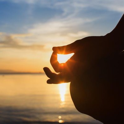 serenity and yoga practicing at sunset, meditation