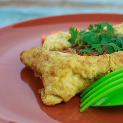 stuffed omelette, Omelet with vegetable salad and Heart-shaped c