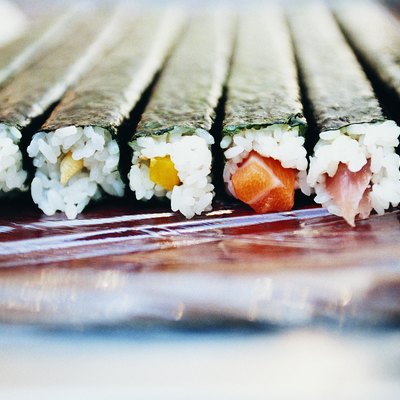 Close-up of Sushi in a Line