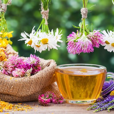 Healing herbs, bags with dried plants and cup of tea