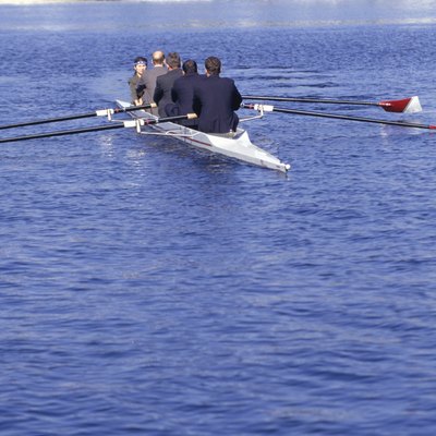 Businesspeople rowing in bay, (rear view)