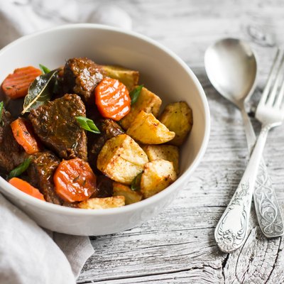 beef goulash with carrots and roasted potatoes