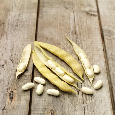 Still life of cannellini beans (also known as white kidney beans) on wooden table