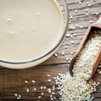 Bowl of tahini with sesame seeds