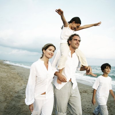 Family on beach, girl (6-8) on father's shoulders, arms outstretched