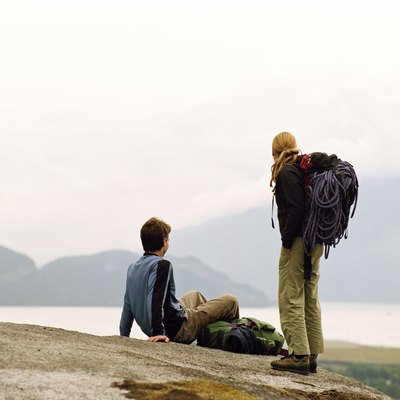 Couple on hike, resting on rock with backpacks, rear view