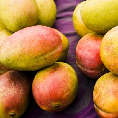 Mangoes for sale at a market stall, Papeete, Tahiti, French Polynesia