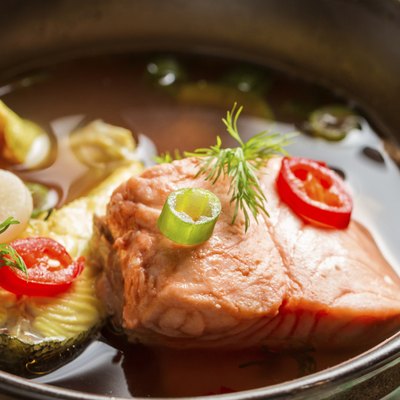 Healthy fish soup made of salmon and trout