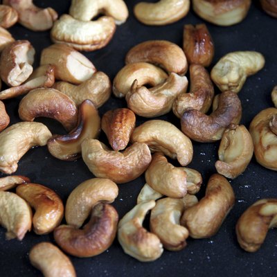 Roasted cashews in the pan.