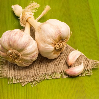 fresh garlic on green board close up