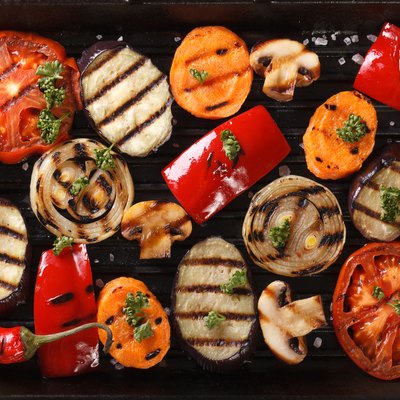 Background of grilled vegetables close up. Horizontal top view