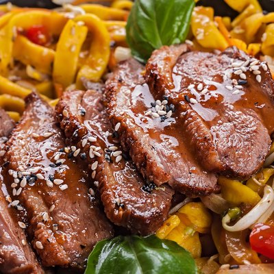 Fried dack meat with egg noodles