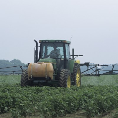 Spraying insecticide in young cotton field