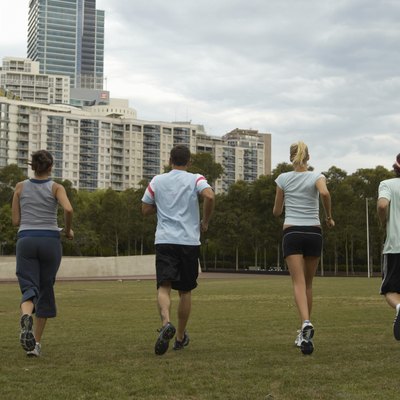 Young men and women jogging in park, rear view