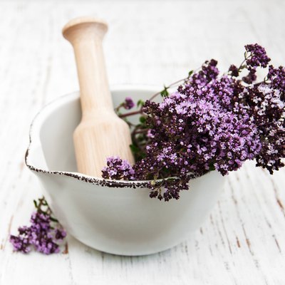 thyme flowers in a mortar