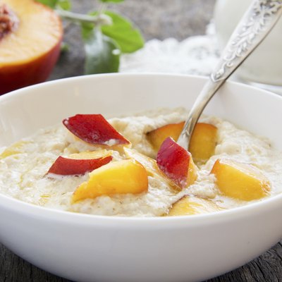 Breakfast, oatmeal with peaches.
