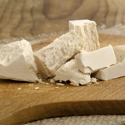 yeast cube on a wooden board