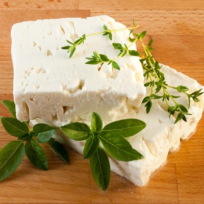 Feta cheese on wood board