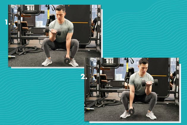 Proper form for alternating squat curls.