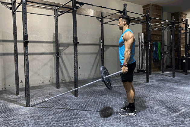 Proper form for offset landmine Romanian deadlift.
