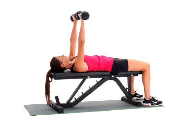 Woman demonstrating how to do a dumbbell bench press