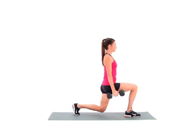 Woman demonstrating how to do a dumbbell lunge