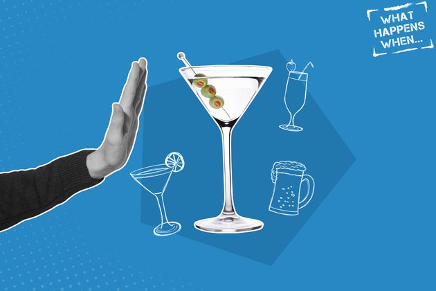 Hand rejecting martini with olives mixed media image