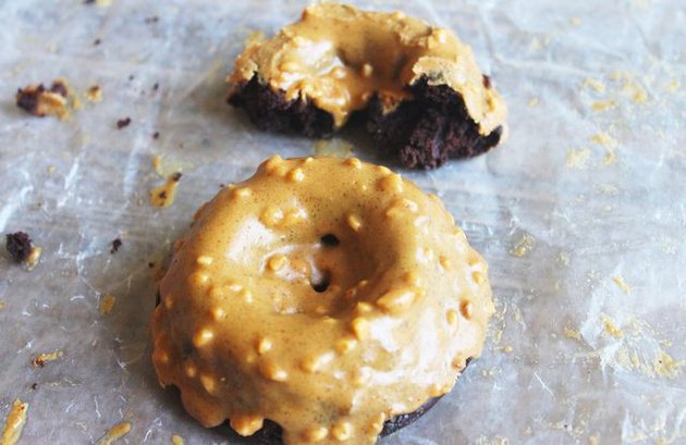 High Protein Chocolate and Peanut Butter Glazed Doughnuts