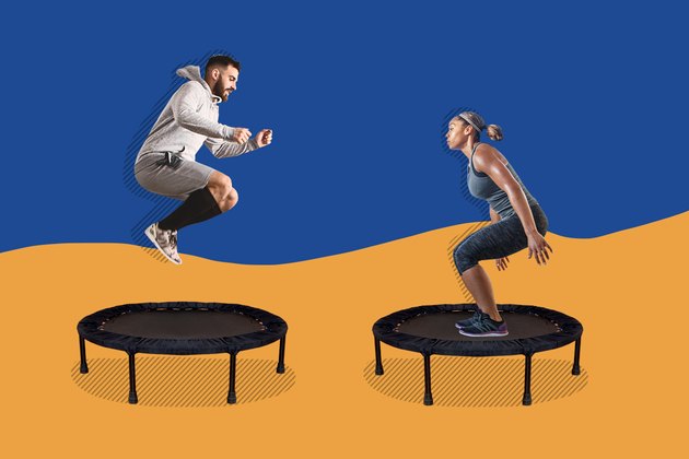 man and woman doing rebounder workouts on mini-trampolines