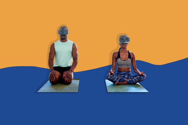 man and woman wearing VR headsets and doing yoga
