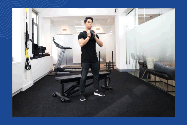 Kettlebell goblet squat to bench demonstration gif
