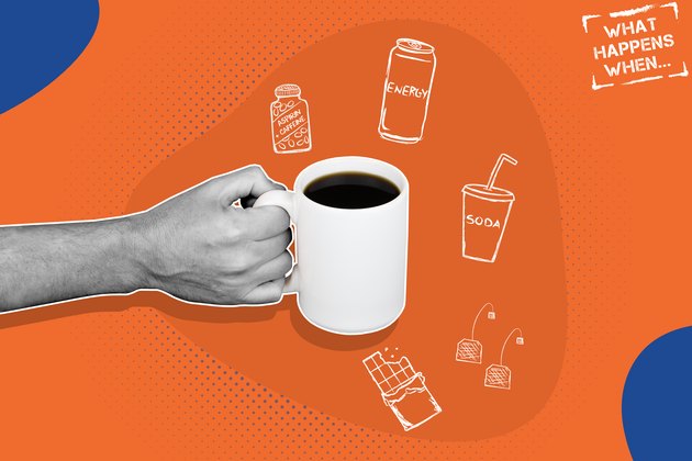 Illustration concept of a person consuming caffeine from coffee, tea, energy drinks and other sources