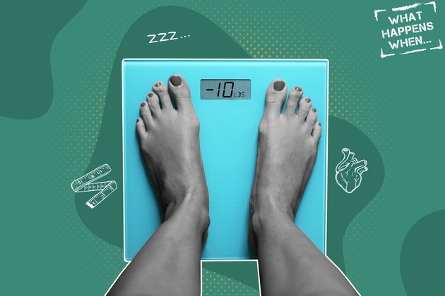 A person's feet on a bathroom scale, with illustrations of what happens when you lose 10 pounds
