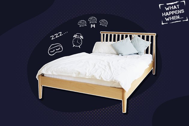 An empty bed on a dark blue background, with illustrations that represent not getting enough sleep