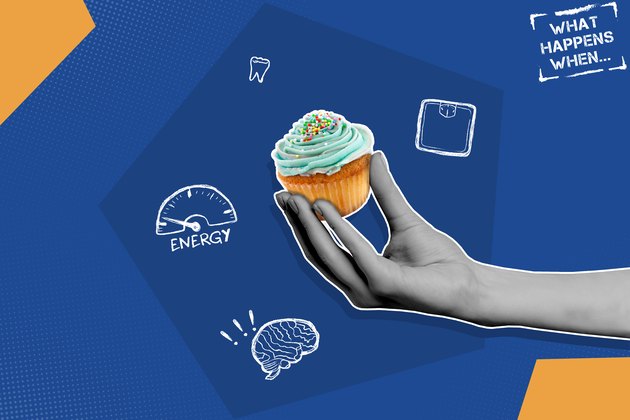 Blue and yellow illustration of the effects of added sugar on the body