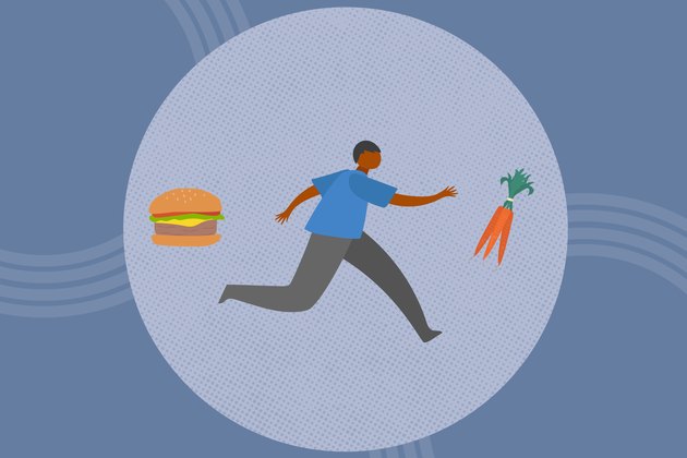 concept illustration of going vegan with person running from burger toward carrots