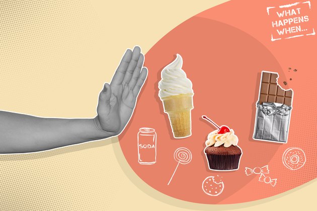 Illustration concept of a person's hand saying no to sugary foods like chocolate, candy and cupcakes