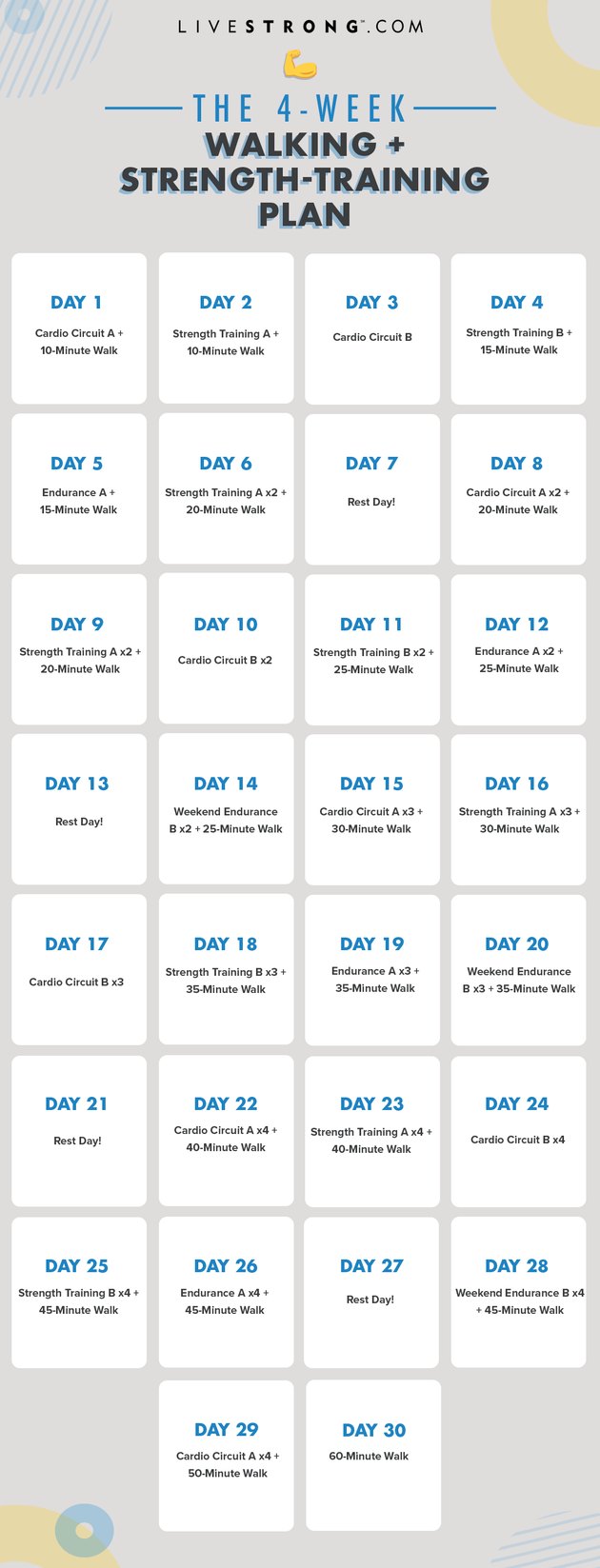 Printable calendar for A 4-Week Walking + Strength-Training Plan to Increase Endurance