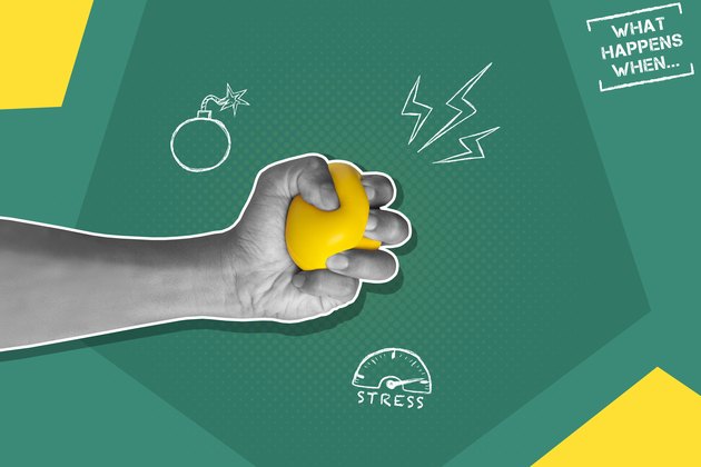 Illustration of stress, including a hand squeezing a stress ball on a green and yellow background