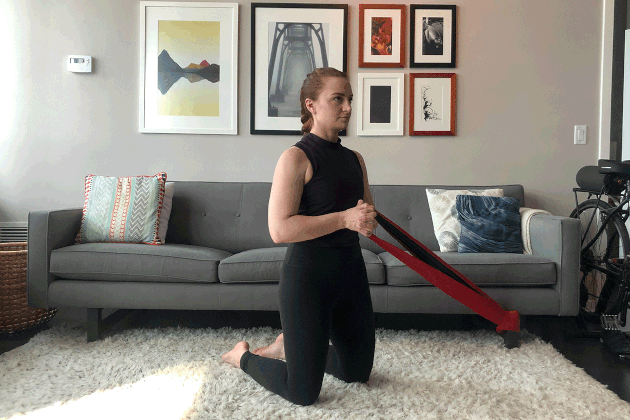 Proper form for band-resisted pallof press.