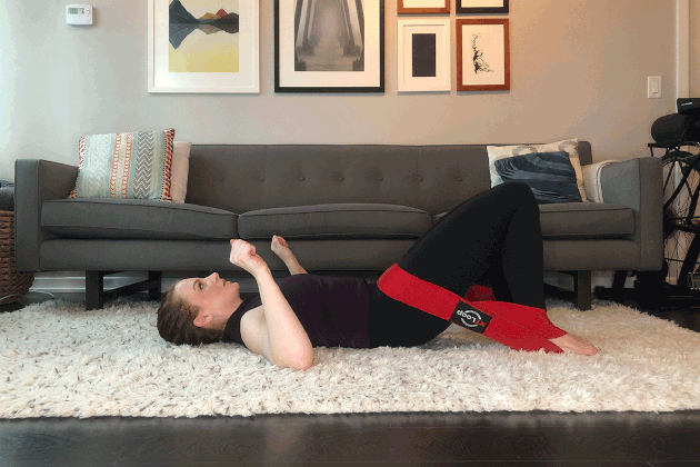 Proper form for band-resisted glute bridge.