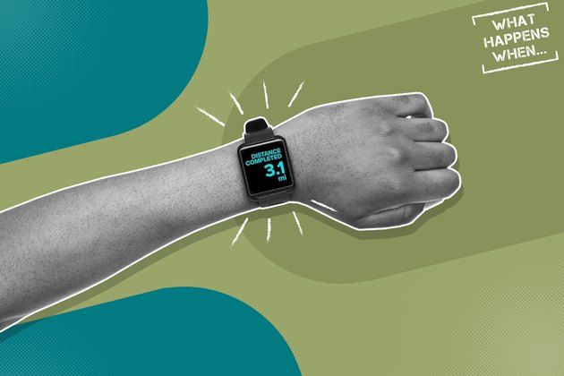 illustration of a wrist with a fitness tracker showing 5K or 3.1 miles completed