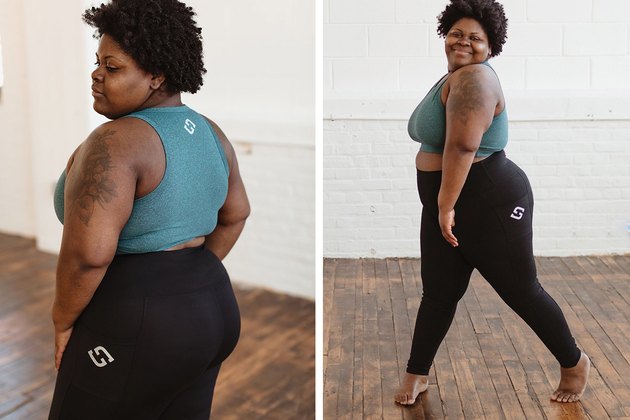 Super Hero Fit woman black plus-size leggings teal top