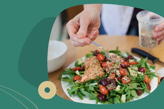 Custom graphic showing hand sprinkling seeds over hearty salad.