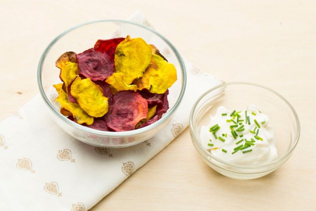 Baked beet chips with yogurt dip