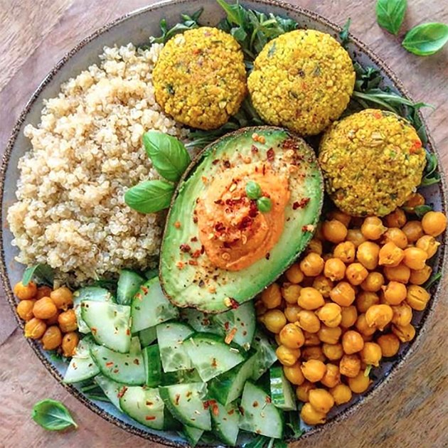 Plant-based chickpea patties and avocado in a bowl