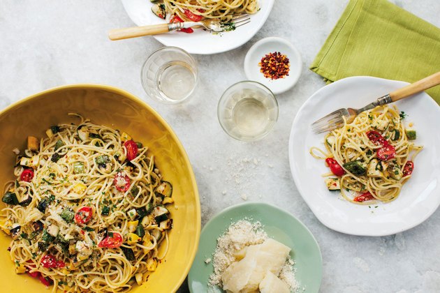 Overhead flat lay of pasta dinner displaying portion size